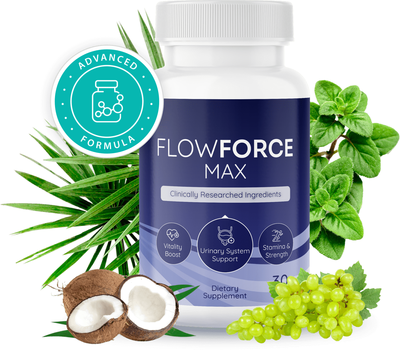 FlowForce Max 1Bottle with plants, sliced coconut and banner